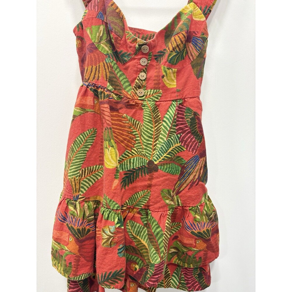 Farm Rio Red Forest Birds Mini Ruffle Summer Spring Dress XS Linen Cute - Picture 3 of 7